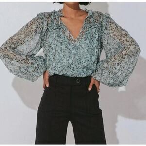 Cleobella Womens Loretta Blouse L Green Iris Floral Metallic Boho Ruffle Sheer